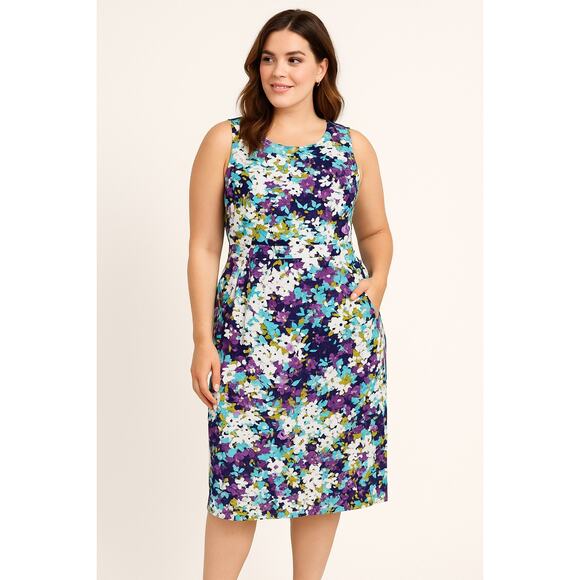 Lands’ End Floral Sheath Dress 12 Tall Women Navy Purple Aqua Print Stretch - Picture 1 of 9